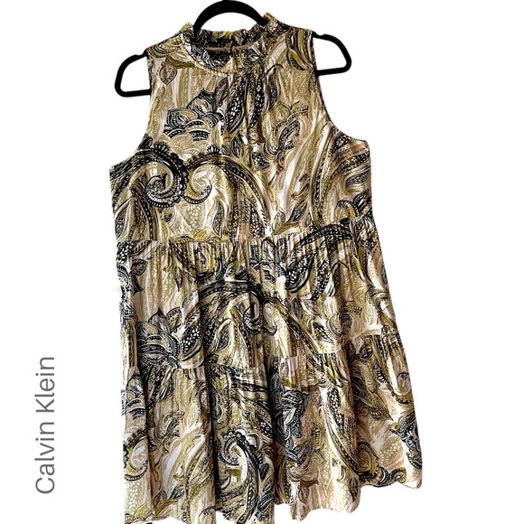 Calvin Klein | NWOT | TIERED SLEEVELESS RUFFLE NECK PAISLEY DRESS | SIZE: 8 - Picture 1 of 10